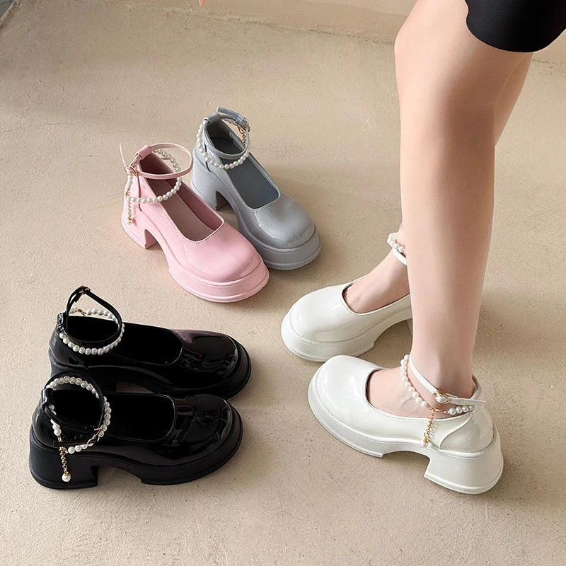 

Women's Pearl Buckle Mary Jane Shoes 2026 New High Heels Thick Bottom Black Single Shoes Cute Style round Toe Glue Stick