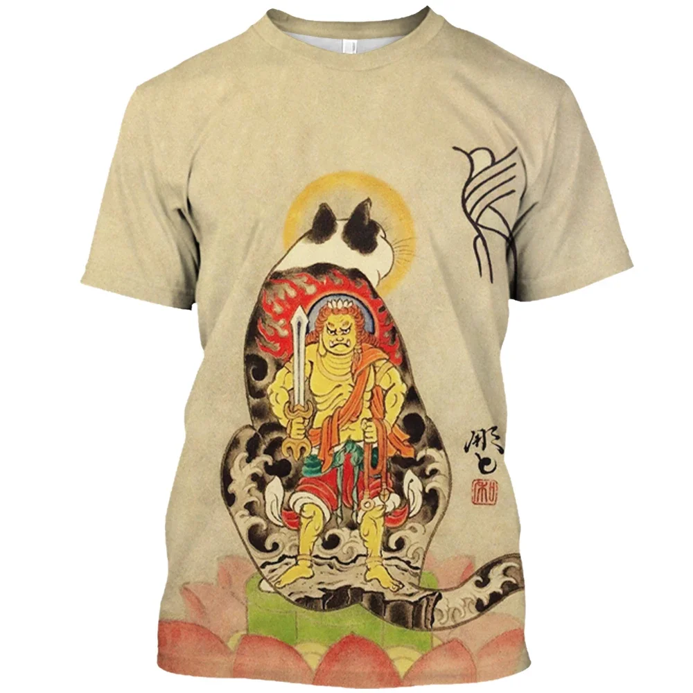 Camiseta masculina e feminina de manga curta com gola redonda, mitologia japonesa, gato samurai, estampa de Harajuku 3D, gráfico, verão