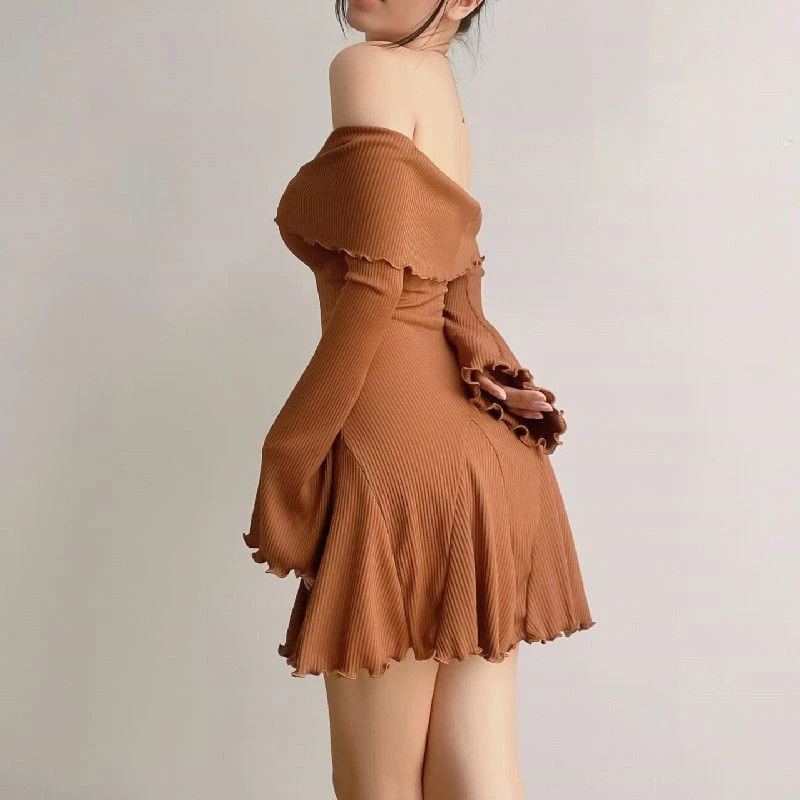 Spring Autumn Fashion Korean Version Casual Sexy Retro Solid Color Slim Square Shoulder Design Long-Sleeved Wrapped Chest Dress