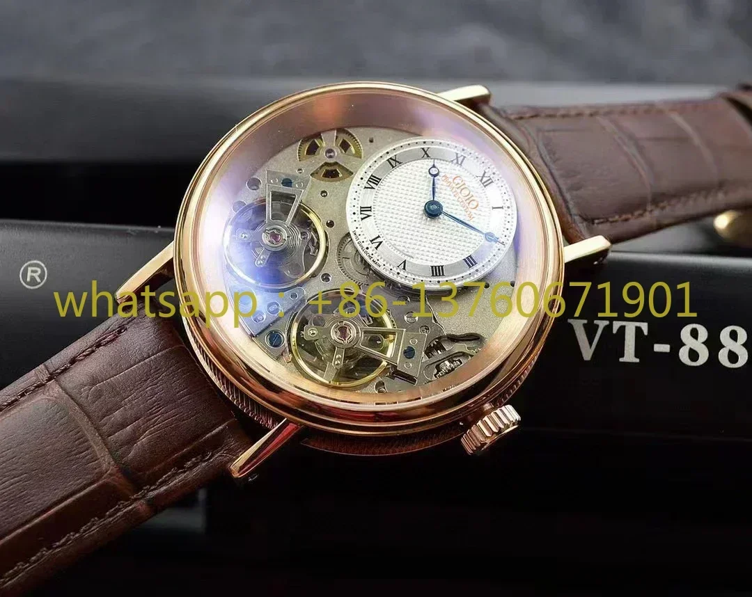 2023 New Automatic Watch for Men Mechanical Watches Rose Gold Stainless Steel Black Leather 2 Tourbillions Rome Dial