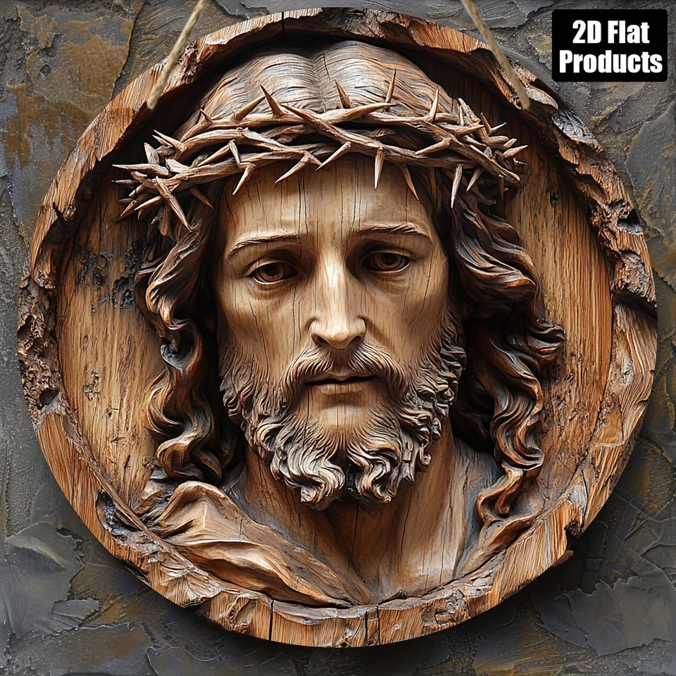 2D Flat, 1pc Jesus Religious Wall Plaque - Round Wooden Board with
