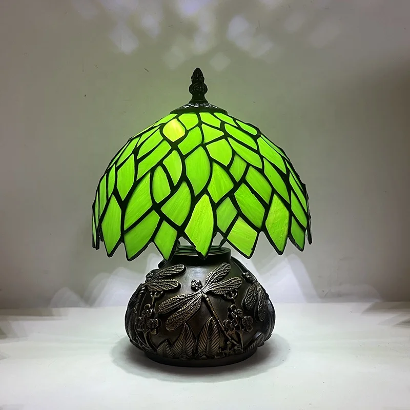 Tiffany Mini Stained Glass Table Lamp Green Wisteria Leaf Style Mushroom Table Lamp Sympathy Memorial Lamp 8 Inch