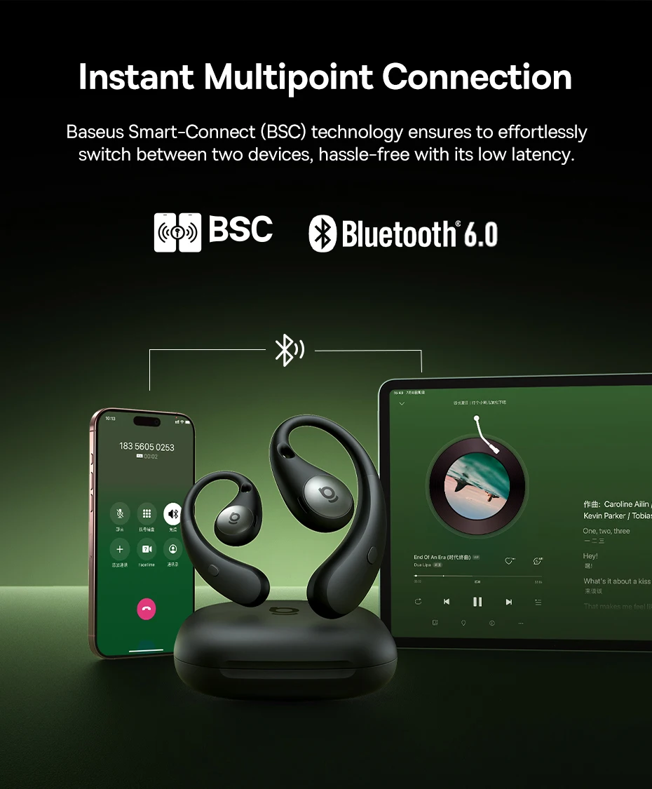 Baseus Eli Sport 2 Open-Ear-Kopfhörer, kabellos, Bluetooth 6.0 OWS-Kopfhörer, hochauflösend, mit LDAC OWS-Kopfhörer, Ohrbügel-Sport-Ohrhörer – Detail 14
