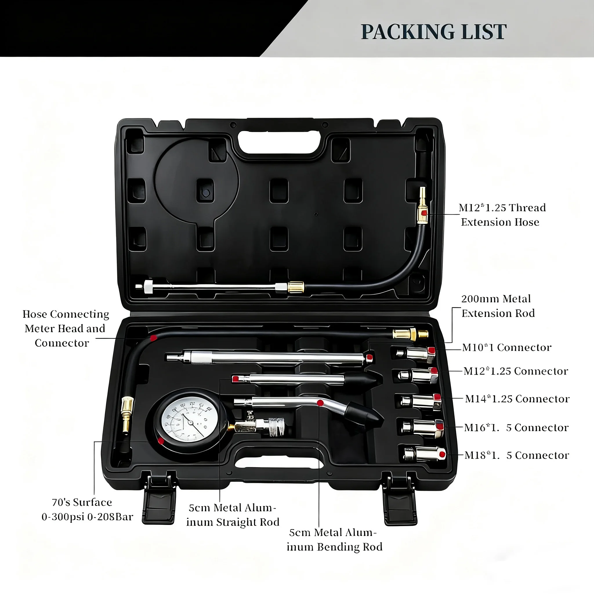 Cylinder Pressure Tester Kit 0‑300 PSI Compression Gauge for Car Motorcycle Brass Adapters Quick Release Dual Units