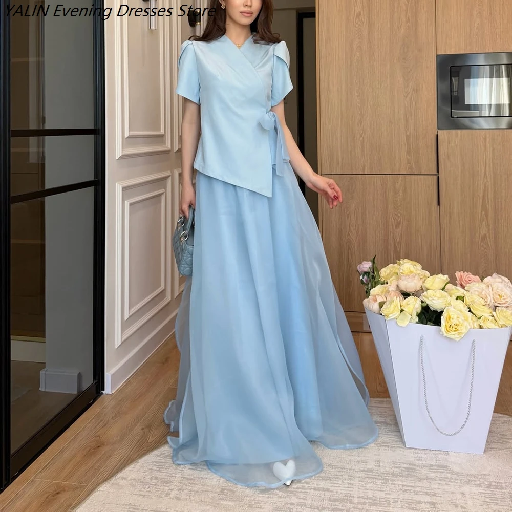 

Women's A-line Evening Dresses Floor-length V-neck Short Sleeve Prom Dresses Fashion Bow Simple Draped Casual Customized Gowns