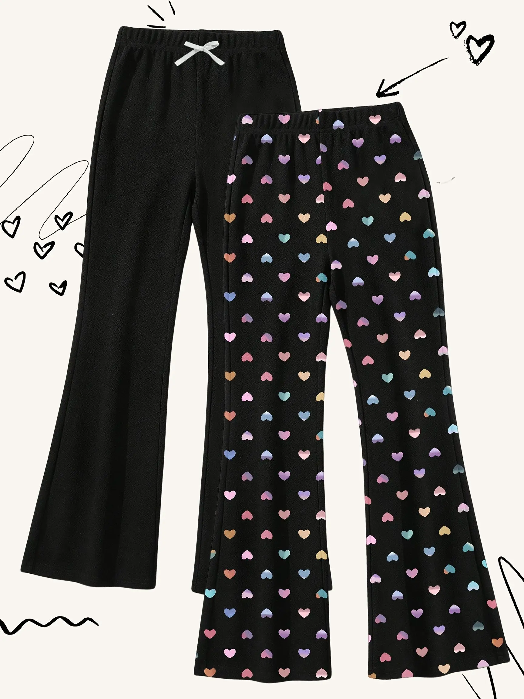 Set mit 2 Paar lässigen Schlaghosen für junge Mädchen – Bunter Herz-Print (Frühling/Herbst) – Detail 4