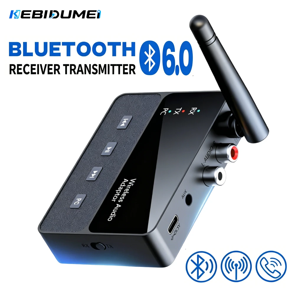 Transmissor e Receptor Bluetooth 6.0 KEBIDUMEI, Adaptador de Áudio Sem Fio Estéreo Auxiliar 3.5mm R/L para Amplificador de Som Automotivo