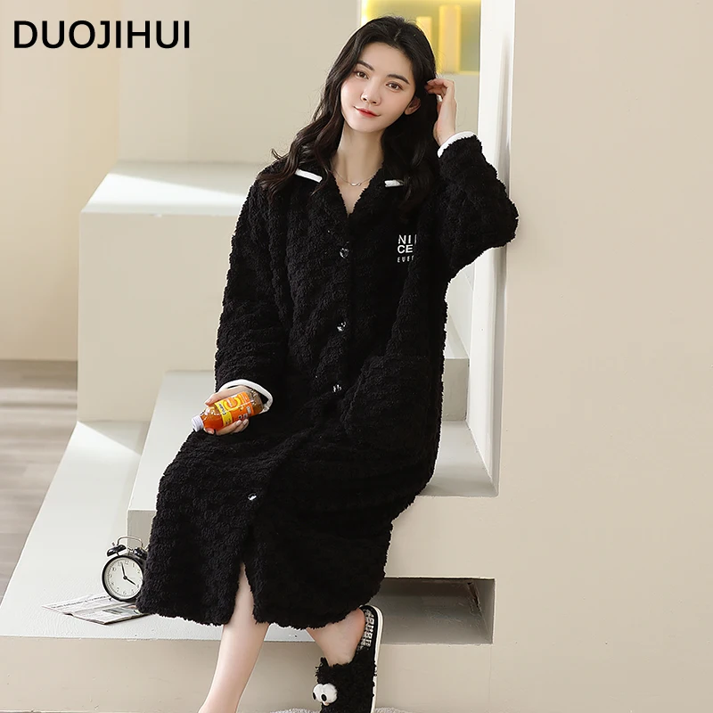 DUOJIHUI Winter Flannel Solid Color Simple Female Sleepwear Fashion Single Breasted Fashion Pocket Loose Casual Robes for Women