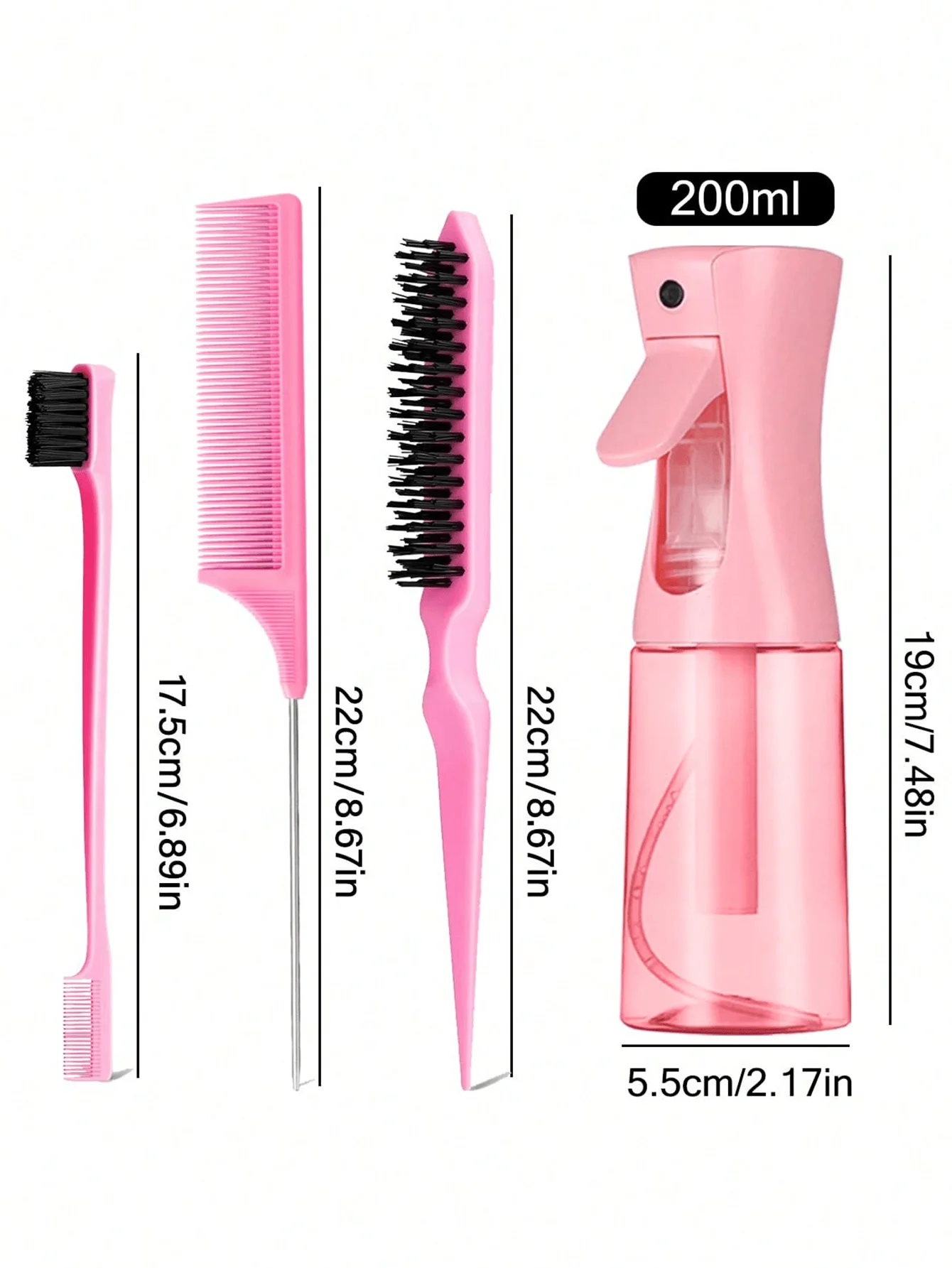 4Pcs Slick Back Hair Brush Set with Spray Bottle, Edge Brush, Rat Tail Comb & Teasing Brush, Hair Styling Tools for Smoothing Ba 4