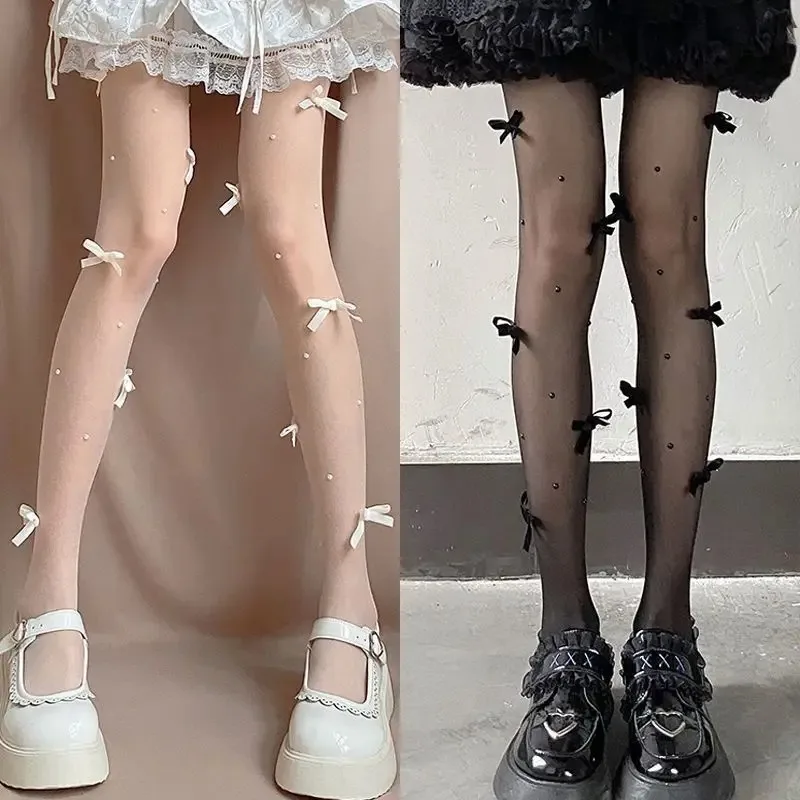 Süße Kawaii Lolita rosa Schleife Stickerei Strumpfhosen Strumpfhosen Perle verziert Mode Frauen Strümpfe JK süße Stile