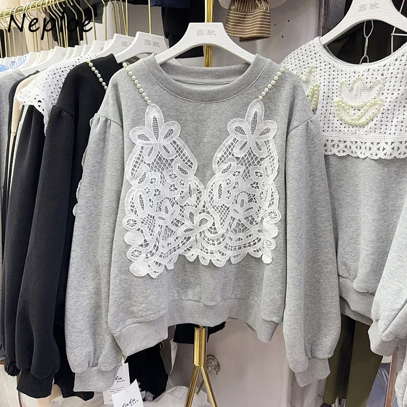 

Neploe Chic Fake Two Piece Sweatshirts Femme 2024 Autumn Winter French Lace Crochet Hollow Out Long Sleeve Slimming Hoodies