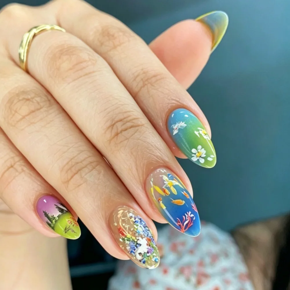 Almond Fake Nail with Flower Smudge Design Press on Nails for Woman Datachable Full Cover False Nails Tips  Cute DIY Manicure