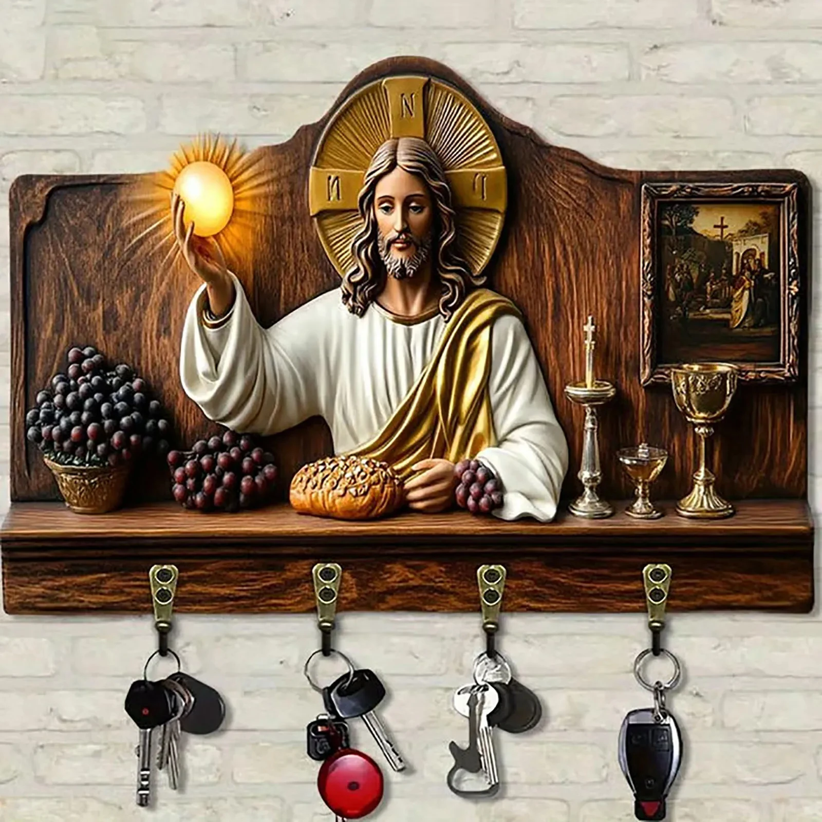 Wooden Multifunctional Home Key Ring Holders Small 2d Flat Art Keychain Rack Christmas Decorations Table Centerpiece Champagne