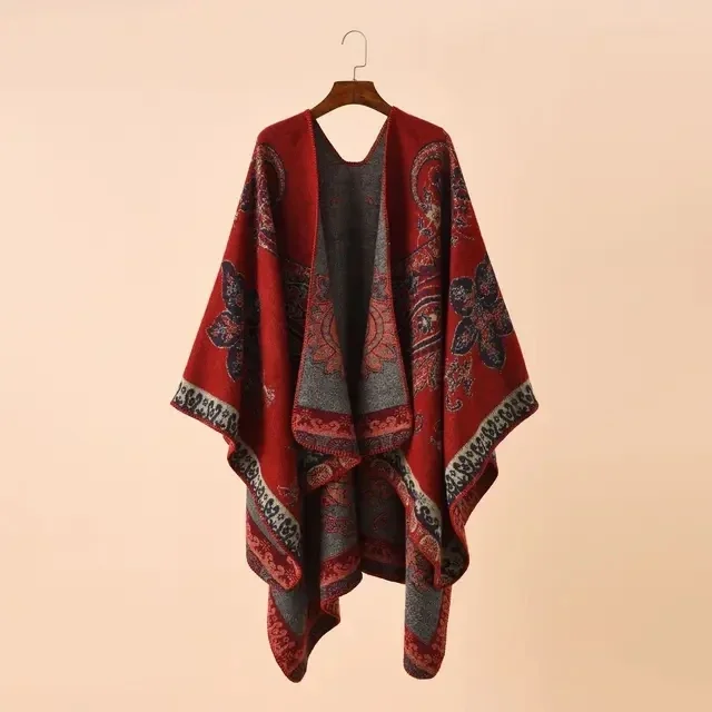 Autumn Winter New Street Geometric Lattice Flower Pattern Imitation Cashmere Warm Shawl Cloak Women Poncho Capes Red