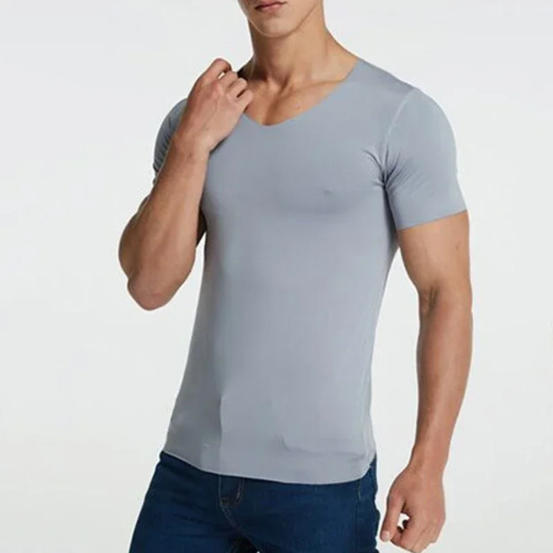 M-5XL Men Summer Ice Silk Shirt Short Sleeves Seamless V Neck Top Solid Color Ultra-thin Cool Sport T-shirt Undershirt Plus Size