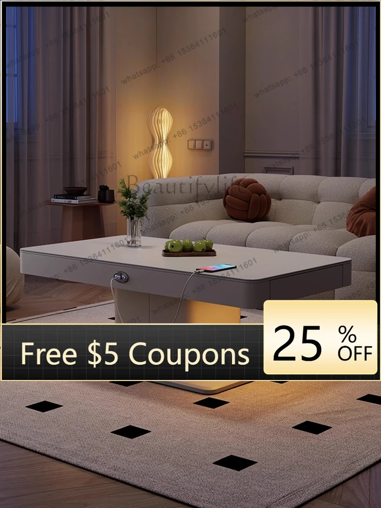 W2 Cream wind electric lifting coffee table dining table dual-purpose two-in-one small apartment living room