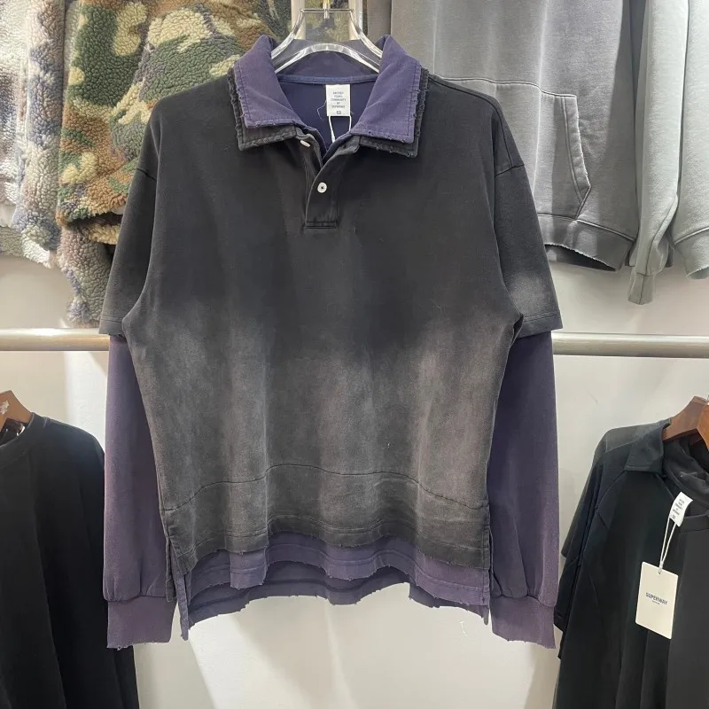 

American Sle Collar Men's Loose Casual Long Sve Waed out Color Blo Fake Two-Piece Sweatirt Streetwear