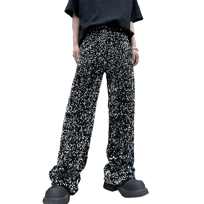 Men Streetwear Fashion Loose Casual Retro Sequins Straight Pant Nightclub Stage Performance Costume Clothing Man Trousers