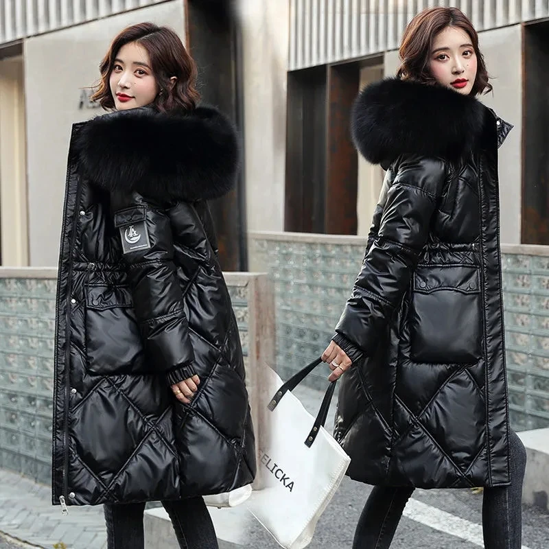 2023 New Glossy Down Cotton-Padded Jacket Women\'s Coat Joker Loose Padded Warm   Outcoat Fashion Casual Fur Collar Outerwear