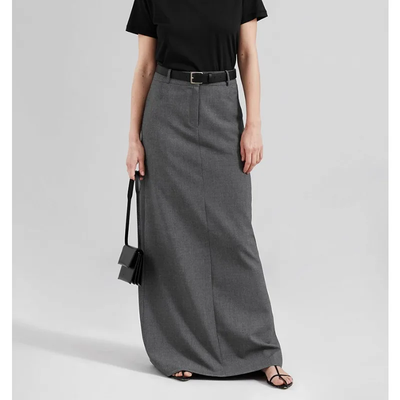 

Tinaa Office Lady Grey Straight Skirts 2025 Autumn Winter New Solid Color High Waist Slit Hem Workwear Elegant Long Skirt