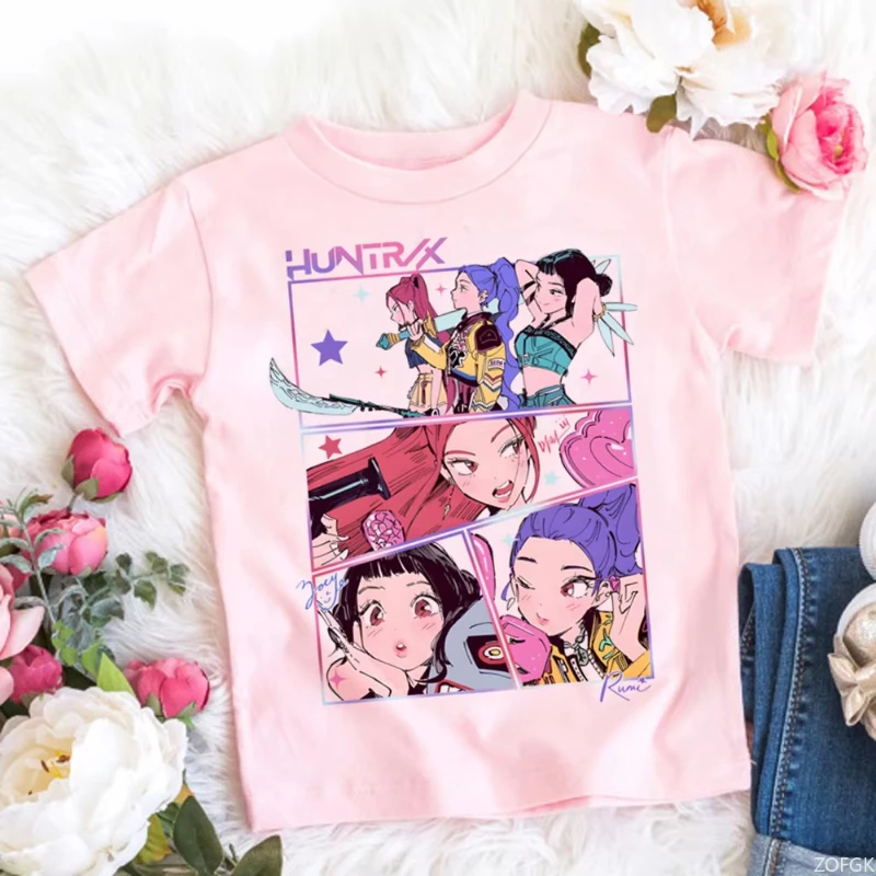 Pescoço redondo básico meninos topos camisas casuais caçadores de demônio t camisa crianças dos desenhos animados anime meme impressão roupas mulher homem