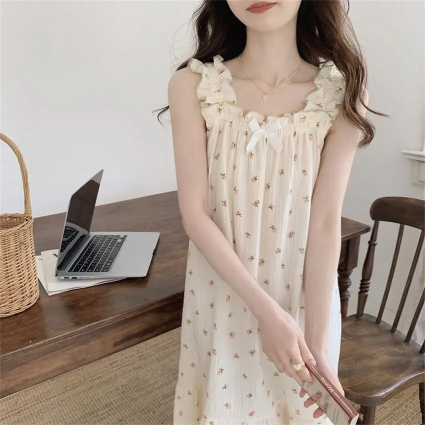 Summer Pajamas Women Lattice Suspender Nightgown Thin Japanese Pastoral Style Girl Home Wears Sleeveless Pure Lust Night Dress