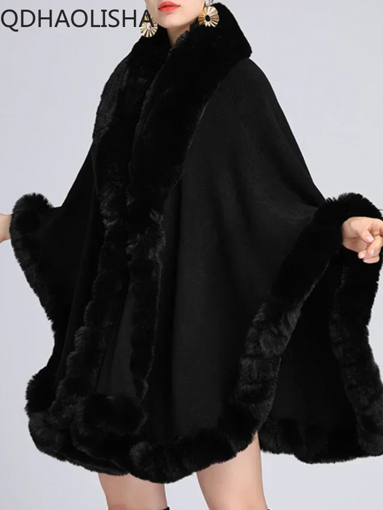 Women Fur Ponchos Coat Cardigan Elegant Casual Fur Collar Shawl Cloak Woolen Coat Oversize Batwing Sleeve Tassel Korean Fashion