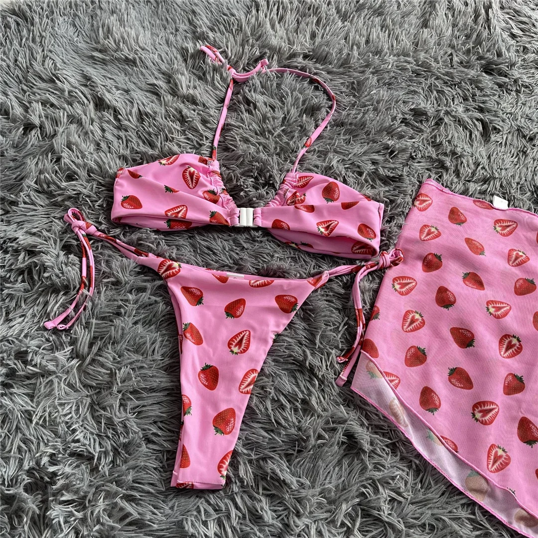 Neu mit Sarong-Print, Neckholder-Bikini, Damen-Badeanzug, dreiteiliges Bikini-Set, Badebekleidung, Badeanzug, Damen-Bikini V4156 – Detail 15