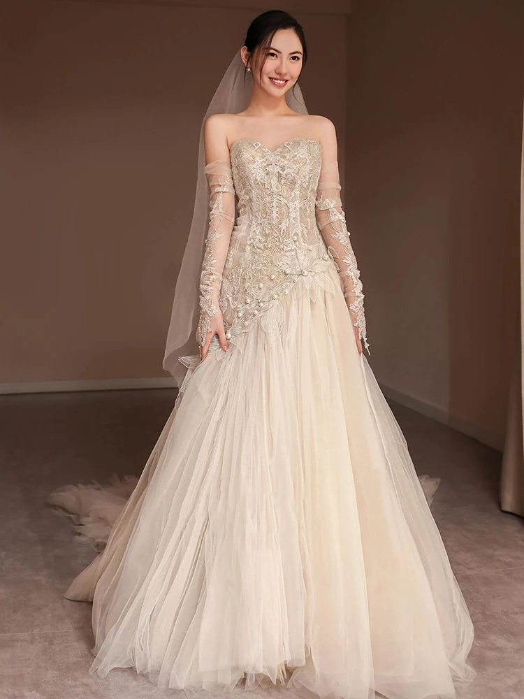 

Ретро-кружевное свадебное платье, наряд для невесты, платье-русалка для церемонии, винтажное платье без бретелек для свадьбы