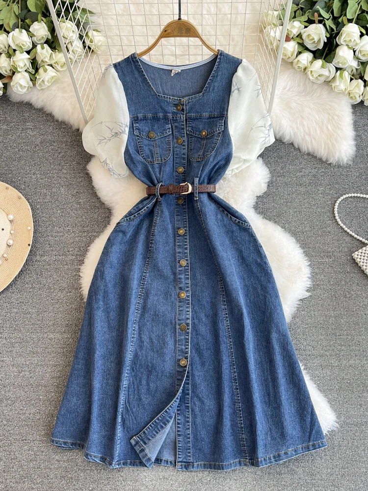 Summer 2024 Denim Dress New Patchwork Bubble Sleeve with Belt Over Knee Length Oversized Skirt Dresses