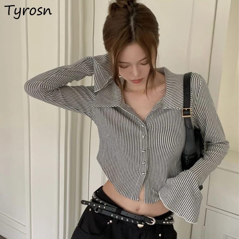 

Striped Y2k Shirts Women Crop Tops Tender Simple Ulzzang Casual Sexy Girls Flare Sleeve Chic Streetwear Autumn Slim Soft Camisas