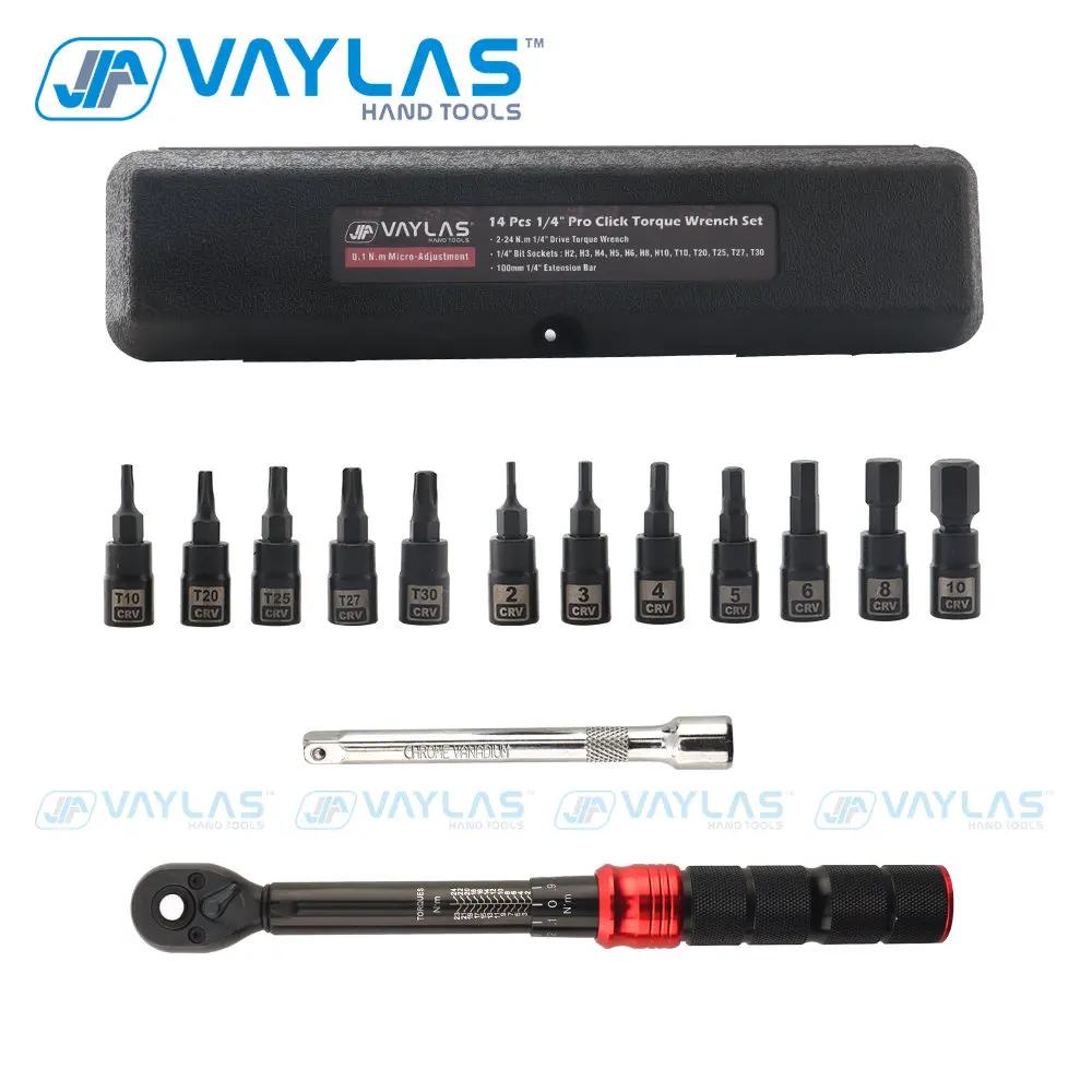 2-24N.m Bike Torque Wrench Set 0.1 N.m Micro-Adjustment 1/4 Inch Drive Click Torque Wrench Dual-Direction Bicycle Tool Kit