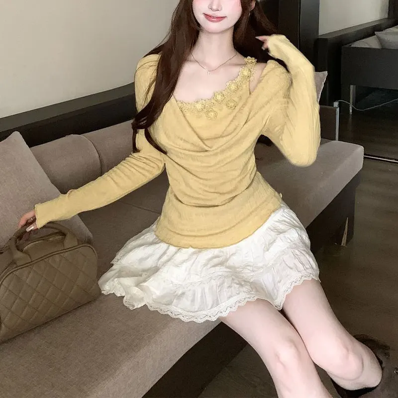 

Spring Autumn Swinging Collar T-shirts Fake Two Pieces Female Clothing Solid Color Waist Fashion Vintage Applique Slim Pullovers