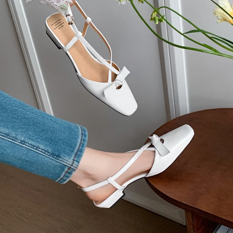 Arden Furtado 2025 Summer cowhide sweet bowknot Closed toe Sandals Square toe Low heel Back Strap Modern Sandals Large size