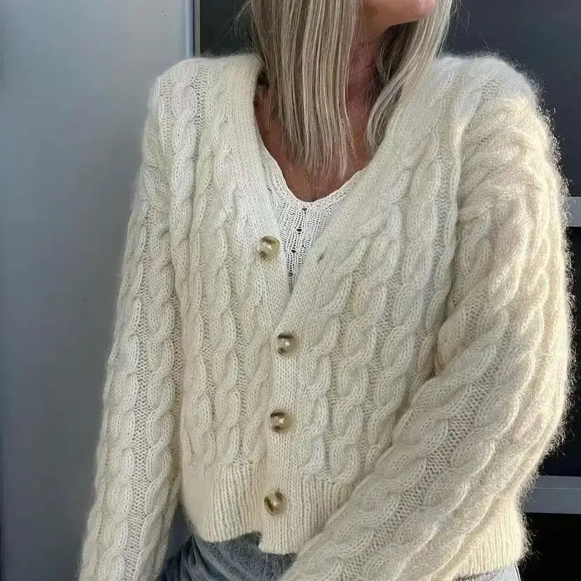 

Hot selling fashionable versatile Fried Dough Twists small fresh long sleeve cardigan V-neck mohair knitting sweater handmade