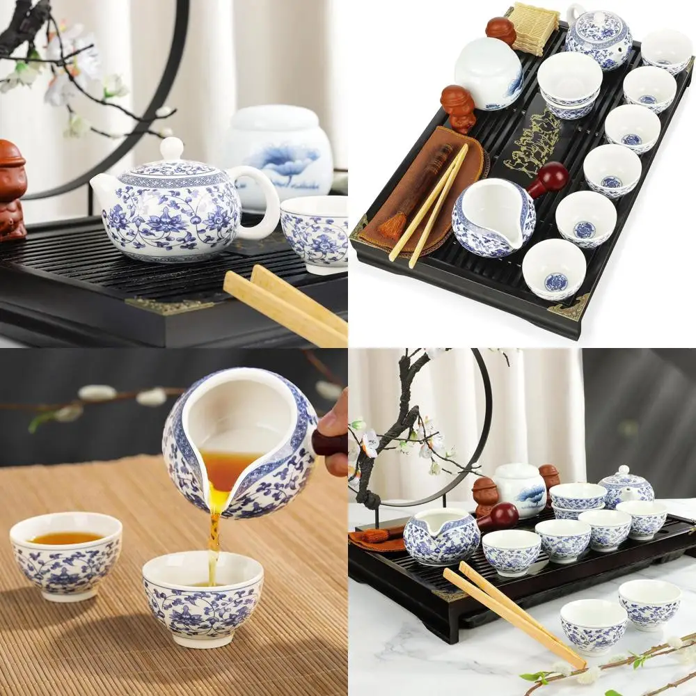 

Чайный сервиз из сине-белого фарфора с лотосом: чайник, чашки, аэрационная чашка, поднос для традиционных китайских чайных церемоний