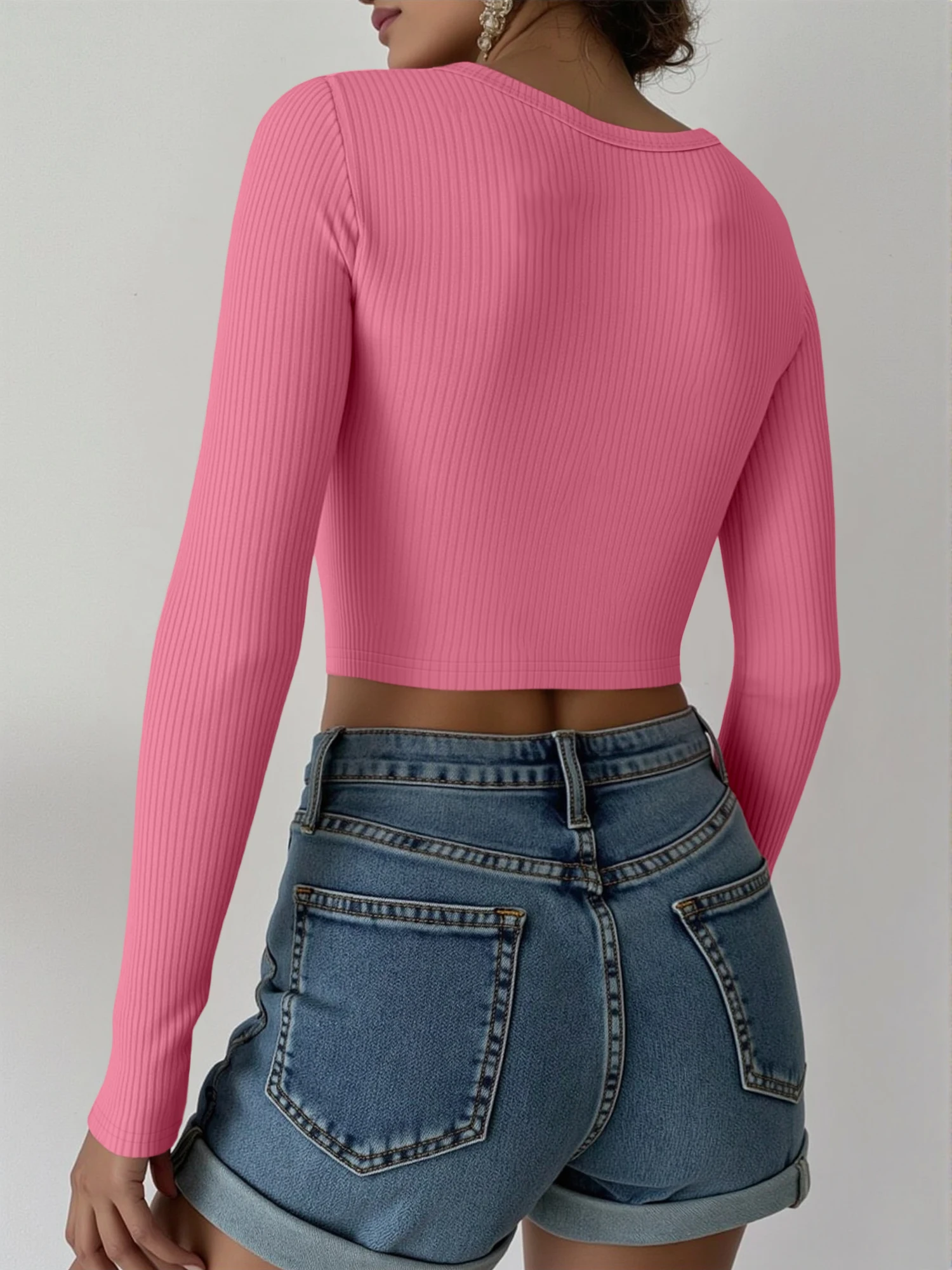 Vintage Solid Color U Neck Cropped Long Sleeve Top Women Slim Fitted Ribbed Knit Casual Street Basic Blouse