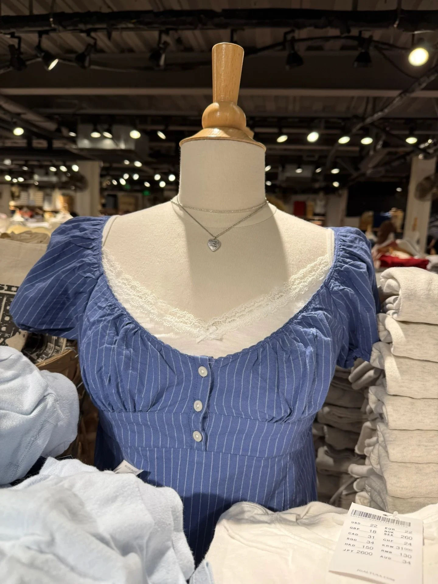 

Striped Blue Slim T-shirt Blouse Woman Summer Three Buttons Elastic Waist Short Puff Sleeve Shirts Cotton New Sweet Crop Tops