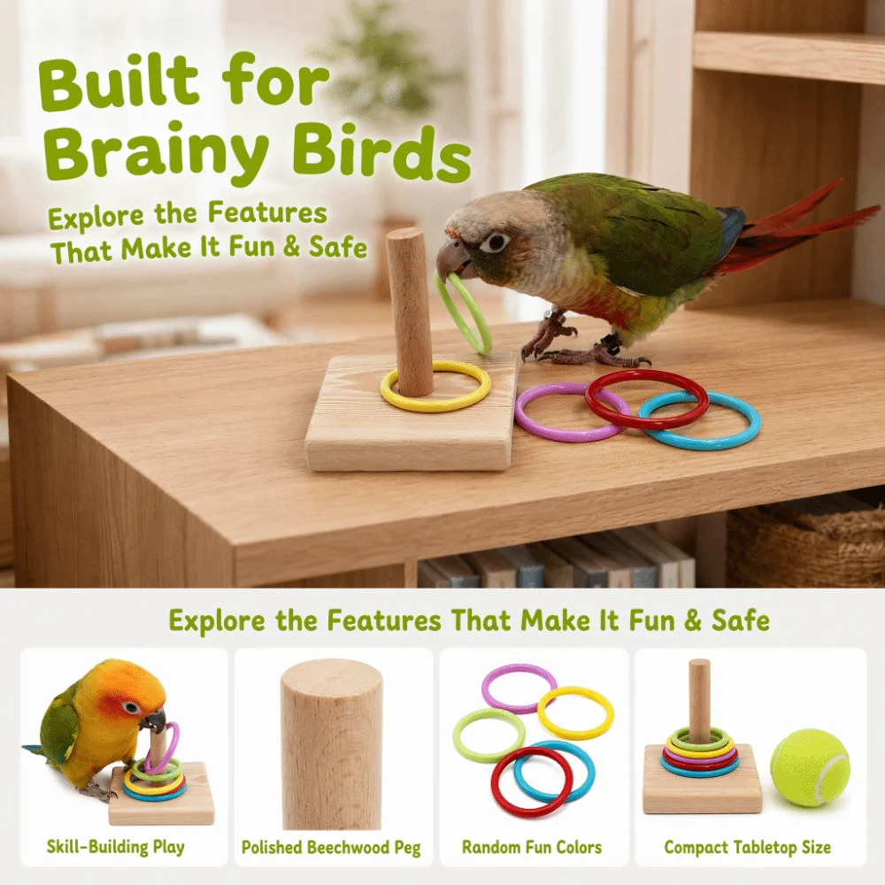 6PCS Natural Wood Base Stacking Ring Small Size Stable Construction Bird Trick Space Saving Daily Training Puzzle for Birds