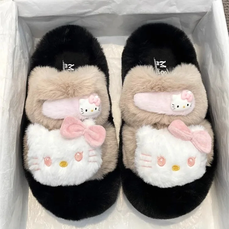 Hello Kitty Cute Cartoon Plush Slippers Female Winter New Fashion Warm Home Shoes Korean Style Casual Versatile Cotton Slippers