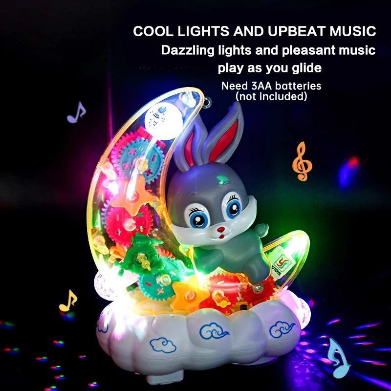 Moon Rabbit elektrische speelgoedscooter met transparant tandwiel, geluid en licht - leuk babycadeau vakantierotatieuitrusting transparant