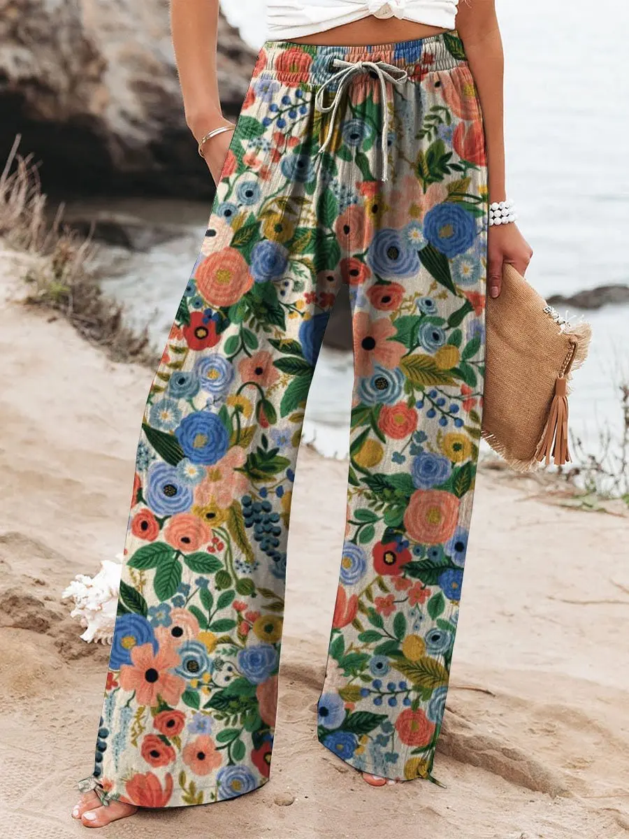 Sea blue Bubbles Women's Printed And Linen Casual Pants
