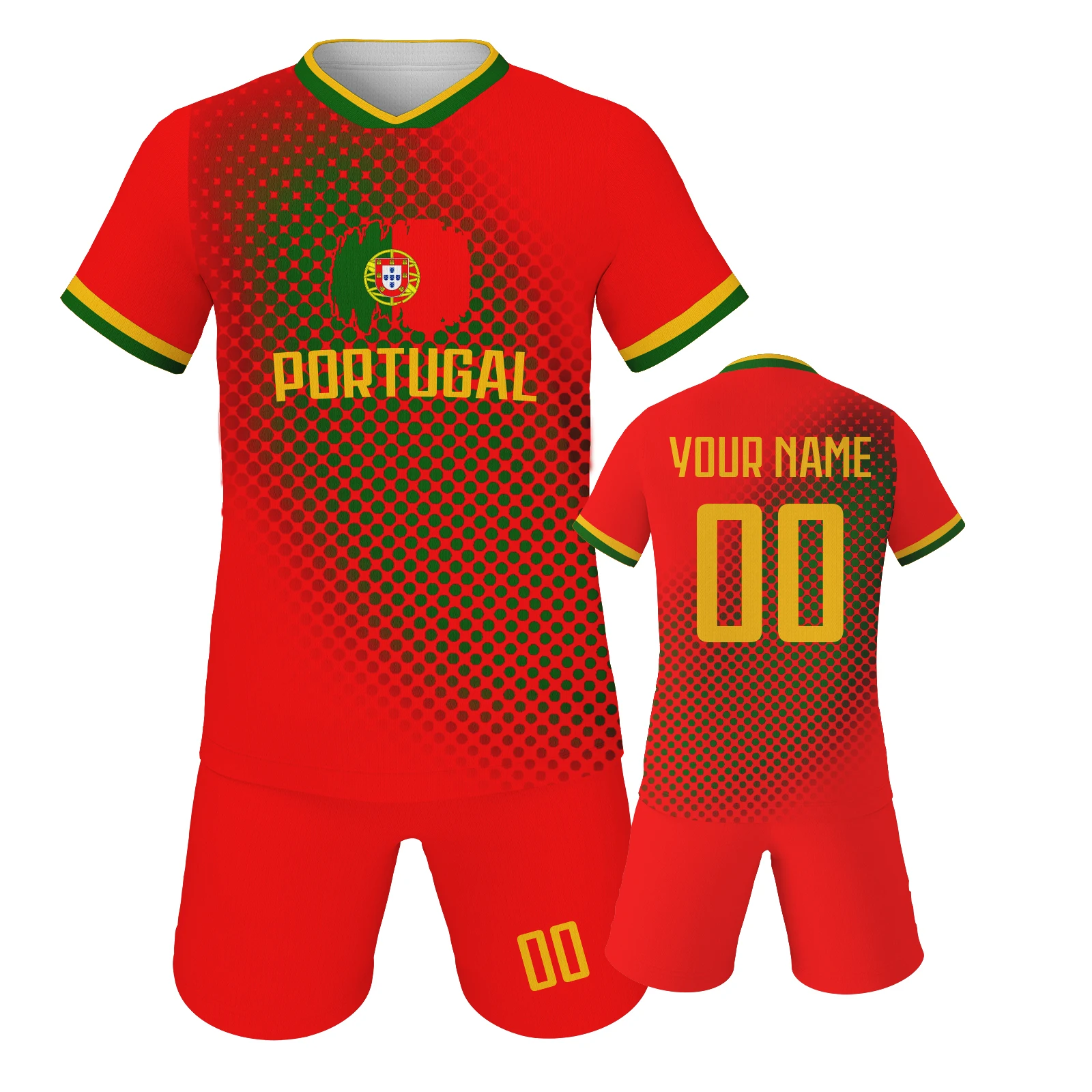 

Portugal Custom Soccer Jersey Shorts Kit National Team Kids Football Shirt Personalized Name Number Uniform for Boys Girls Fans