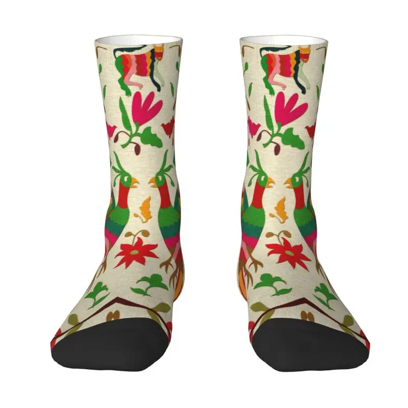 Printed Birds Mexican Flowers Embroidery Socks for Women Men Stretchy Summer Autumn Winter Folk Floral Texture Crew Socks