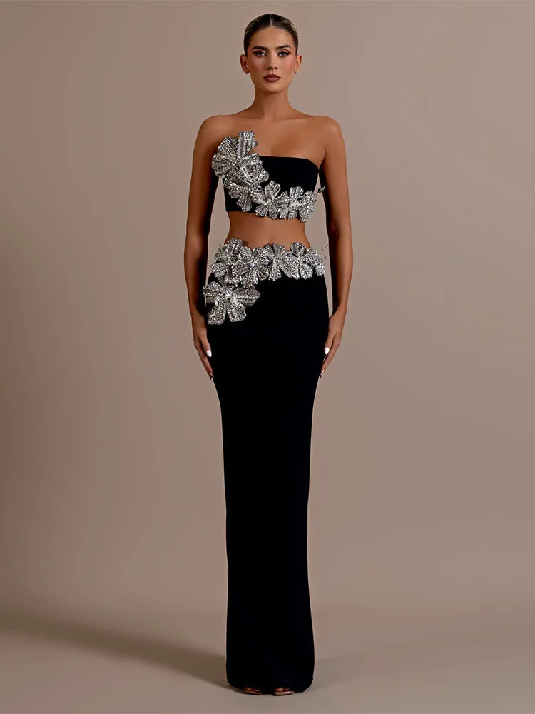Fashion Set With Sleeveless Hot Stamping Diamond Strapless Short Top And Long Hip Skirt, Black Bandage, Two Pieces