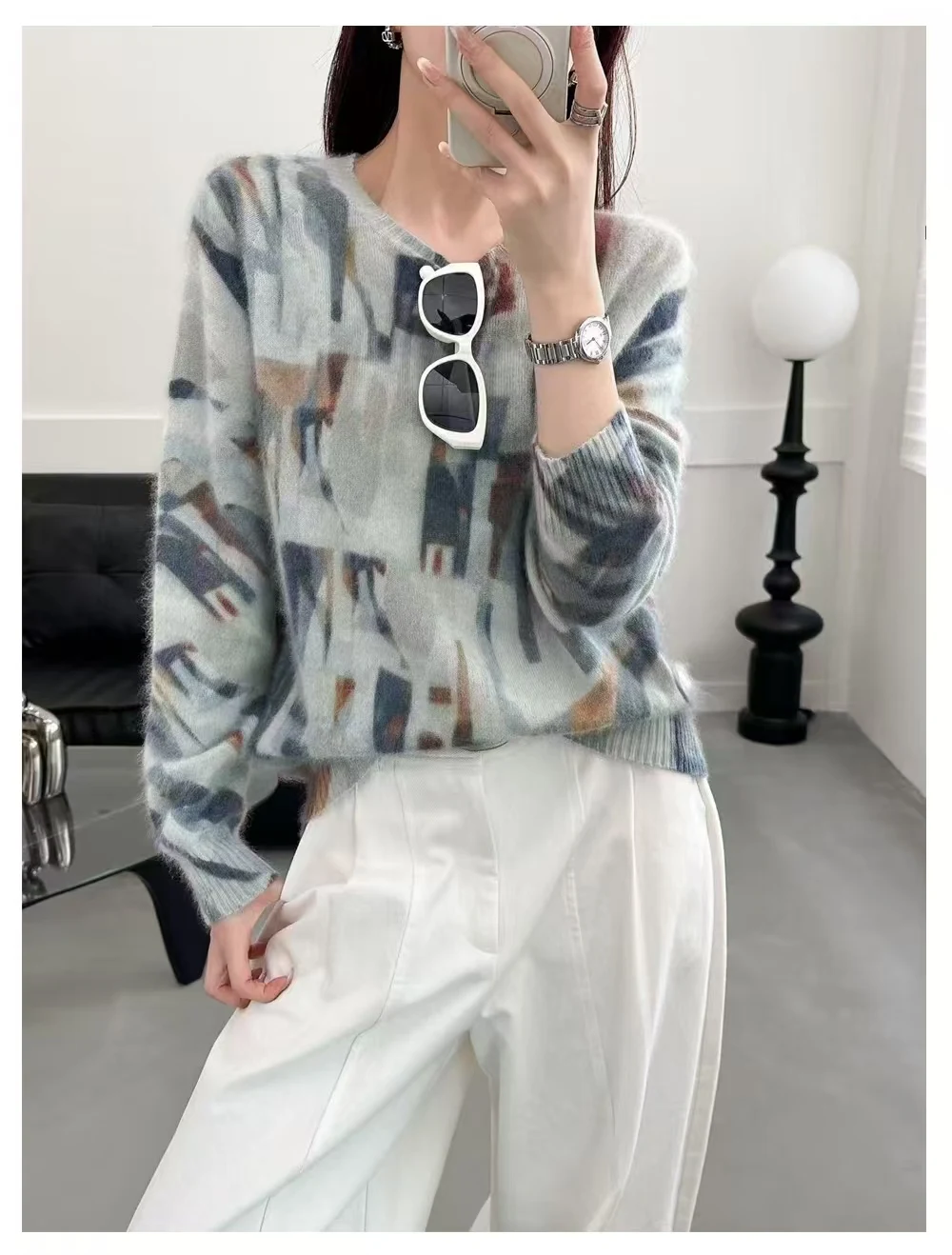 Lazy wind shading color matching 100% pure cashmere sweater brushed cashmere top