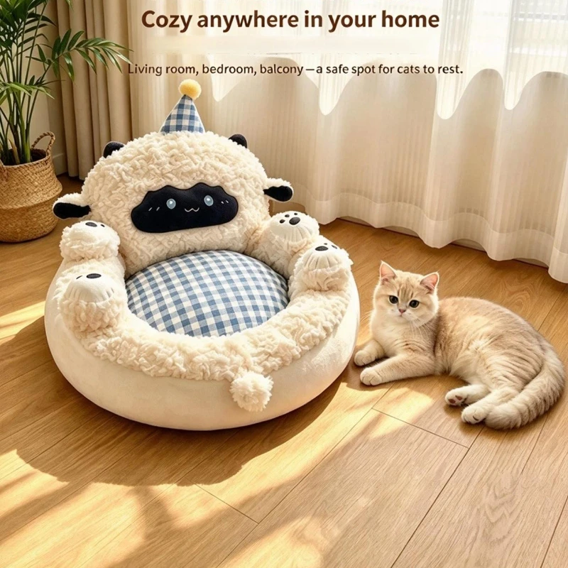 Sheep Shape Cat Bed Soft Fluffy Pet Nest Raised Surround Edge Dog Sofa Bed For Small Cats Dogs
