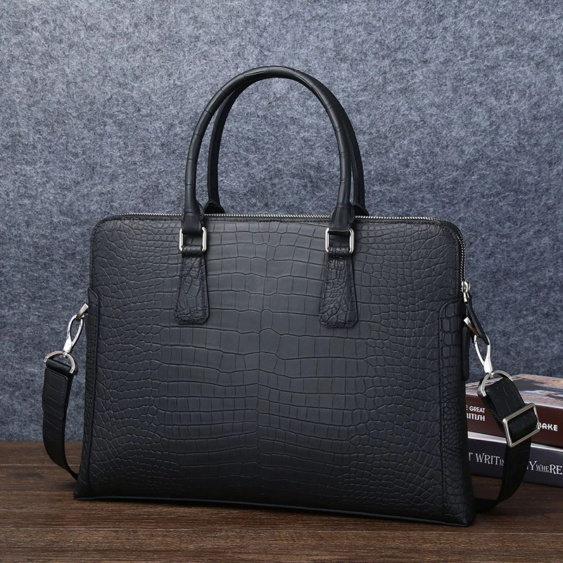 Luxury Crocodile Grain Leather Briefcase for Men Business & Casual Use Spacious Interior Double Zipper Design  Genuine Leather