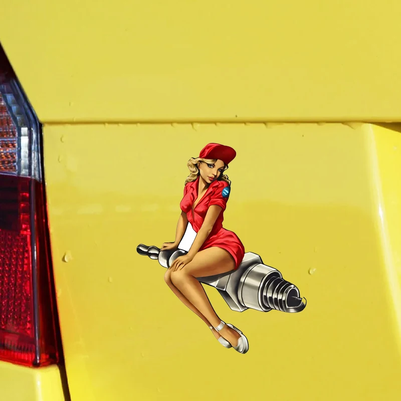 Spark Plug Pin Up Girl Decal, Red, Car Truck Motorcycle Bumper Sticker Decal, Cartoon, Anime, Animation, Laptop, Notepad, Cup view 3