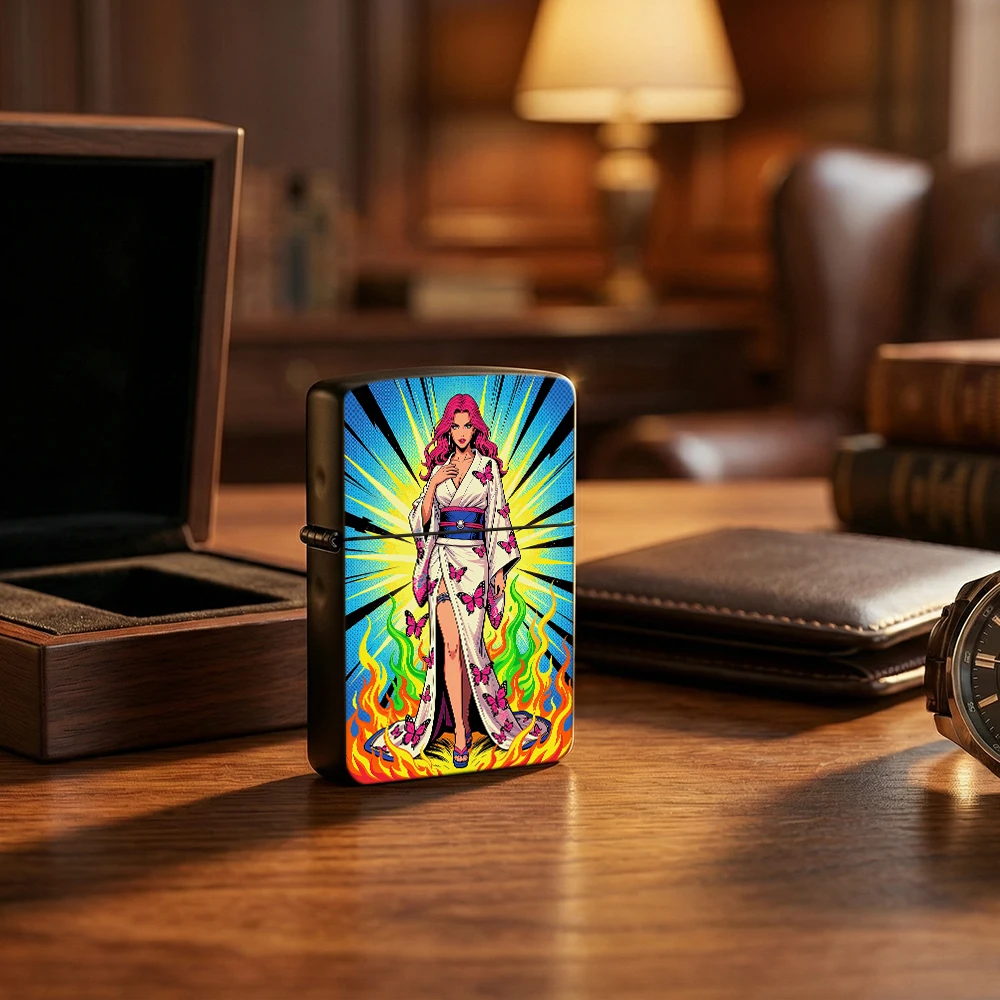 Flip Top Lighter Pop Art Woman Kimono Butterfly Flame Comic Art Pattern lighters vintage lighters for smokers Comic Style